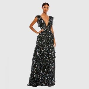 NWT Mac Duggal Black Multicolor Ruffled Floral Print Cap Sleeve Gown Size 6